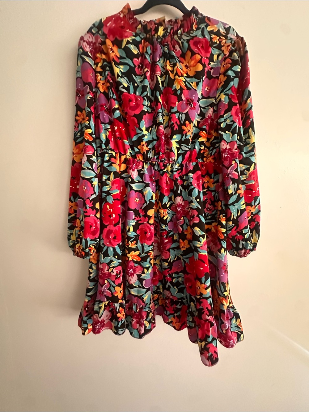 SHEIN Black Floral Long Sleeve Ruffle Hem Dress - Red, Purple, Yellow